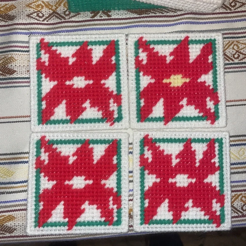 Four Needlepoint On Plastic Coasters With Storage Box‎
